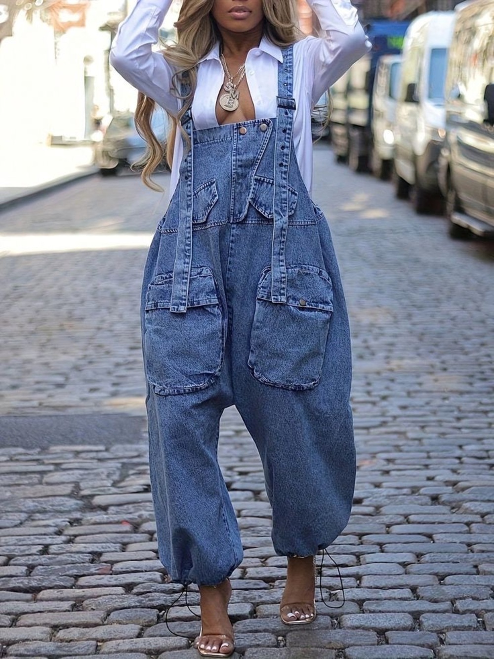 Balloon Denim Overalls - Blue Women Jeans Overalls - Picture 5 of 6